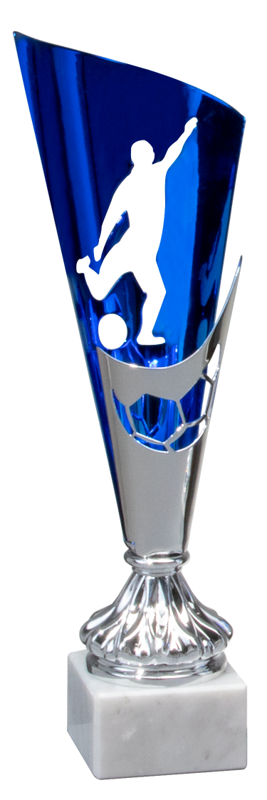 Ein blau-silberner 3er Serie Fußball 310 mm – 330 mm PK740350-3 auf weißem Sockel mit der Silhouette eines Fußballspielers, der einen Ball kickt.